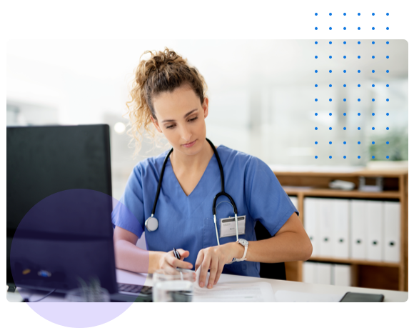 Healthcare worker at a desk - HealthStream solutions